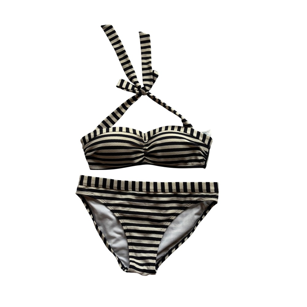 Boden Striped Bandeau Halter Bikini Set Black White Textured US 4 Top 6 Bottom